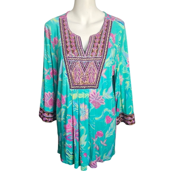 SOFT SURROUNDINGS Top-Tunic Women Sz L Floral Beaded Sequin Cottage Boho Retro - Picture 1 of 13